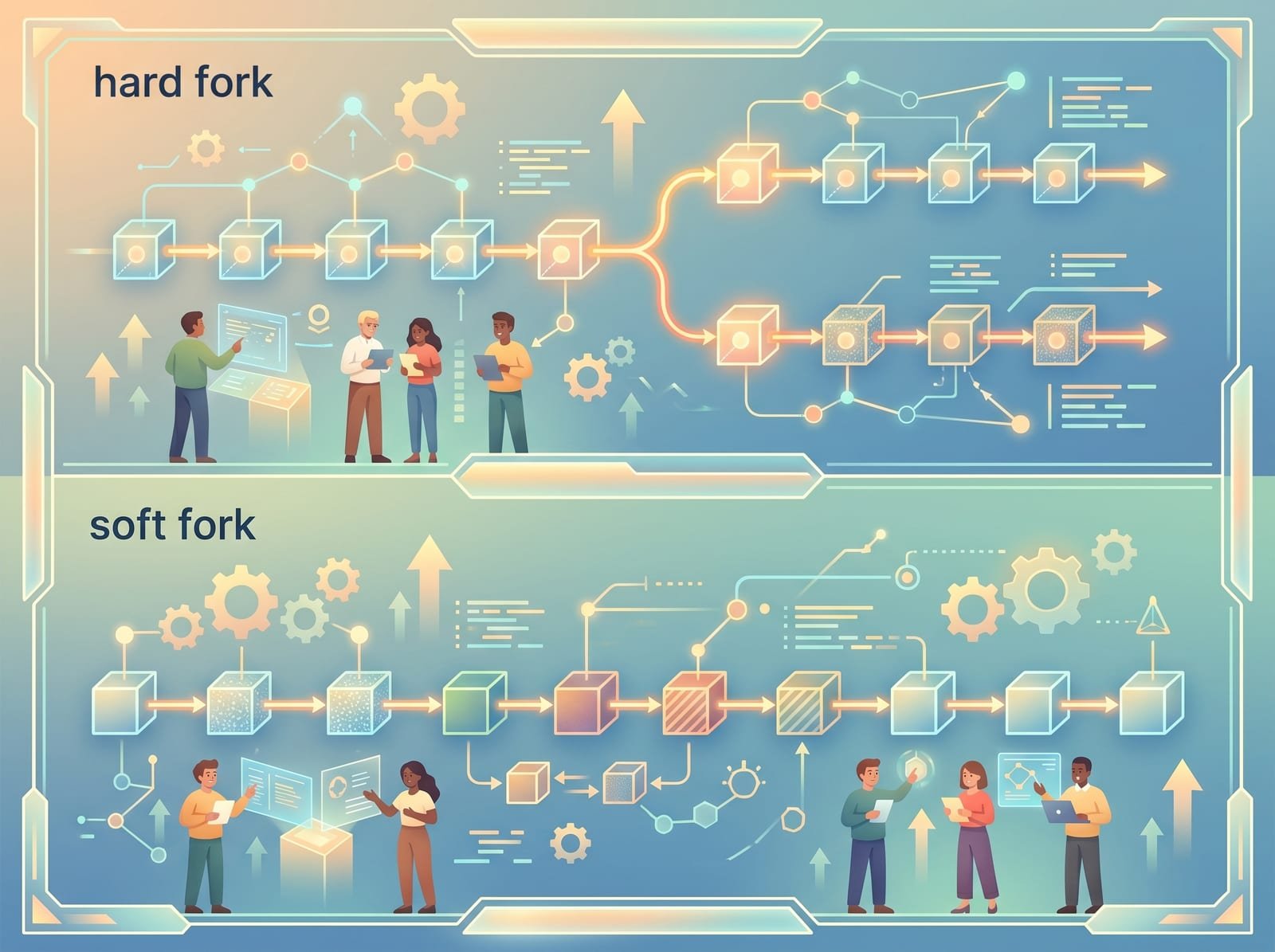Diagram of hard fork and soft fork differences