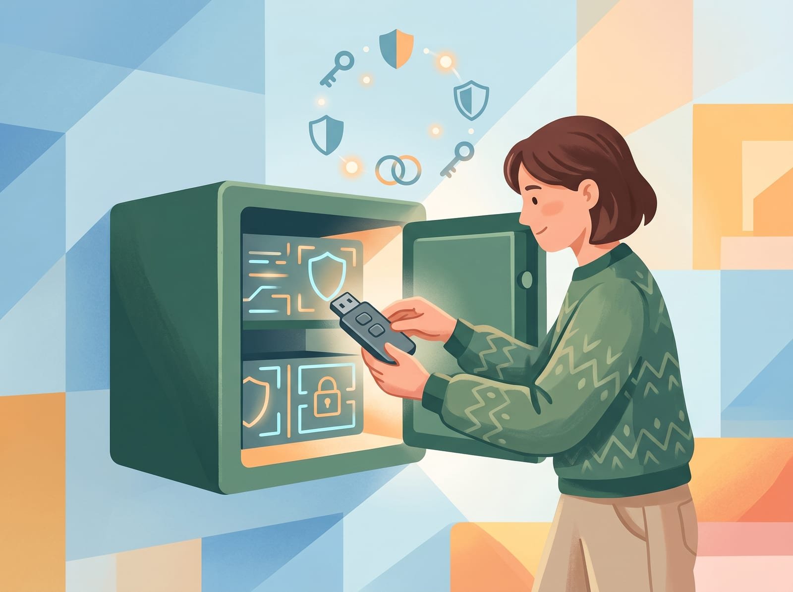 Illustration of a person securing a hardware wallet